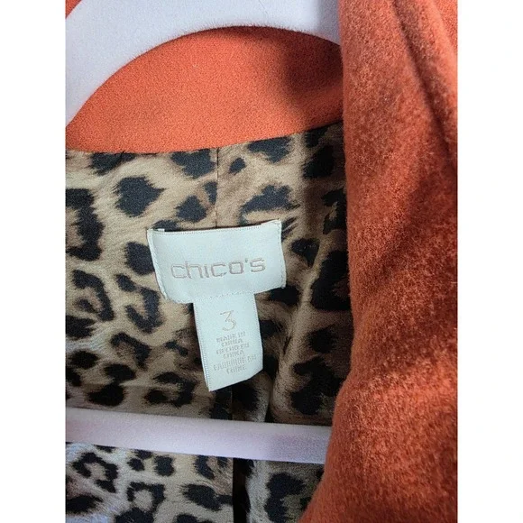 Chicos Orange Wool Blend Swing Coat Leopard Print Lining Mock Neck Womens Size 3 - Picture 7 of 8